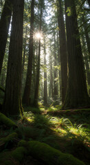 Sunlit Forest: Majestic Trees & Ferns - Serene Nature Scene