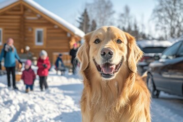 Close-up of a joyful golden retriever in a snowy winter setting.