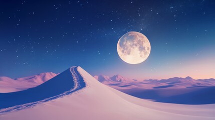 Landscape night desert, dunes and sand with night sky, moon and stars