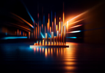 Abstract glowing columns in orange and blue hues, resembling a bar graph, stand on a reflective surface against a dark, blurred backdrop, creating a dynamic and modern visual.