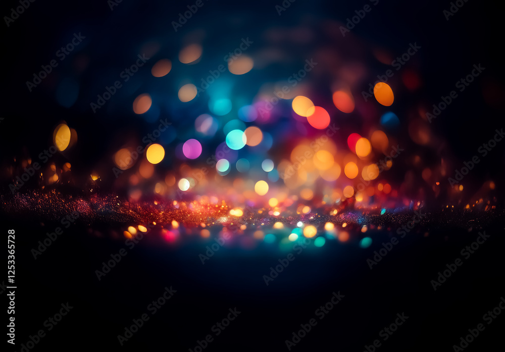 Poster Abstract image of vibrant blurred lights against a dark backdrop. Colorful bokeh effect creates a glowing and festive atmosphere, with varied hues adding visual depth.