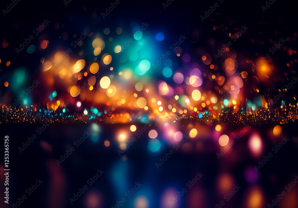 Poster vibrant bokeh lights dance on a dark surface, creating a magical, abstract scene. colorful and blurr
