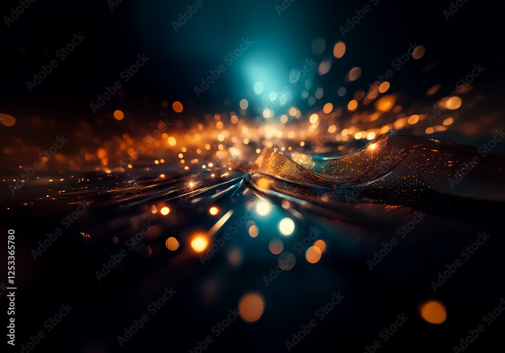 Aufkleber golden bokeh lights burst and spread across a dark glossy surface with blue undertones. the abstract