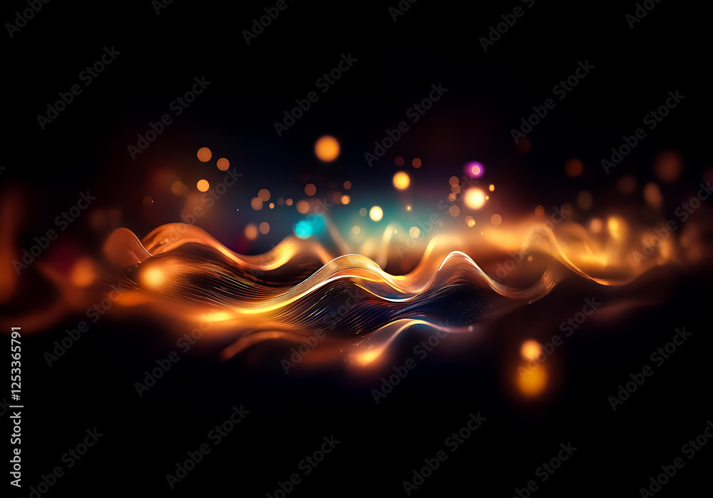 Poster abstract flowing light waves ripple across a dark background. glowing orange and yellow hues illumin