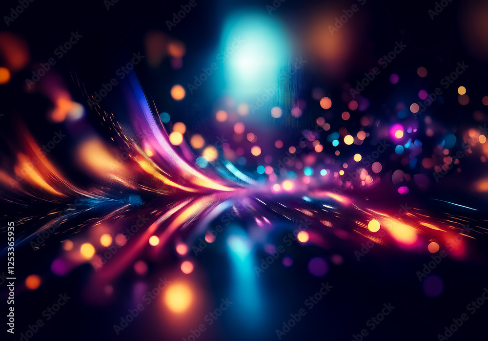Fototapete Vibrant blurry lights streak across a dark backdrop, creating a dynamic and energetic abstract display of motion and glowing bokeh.