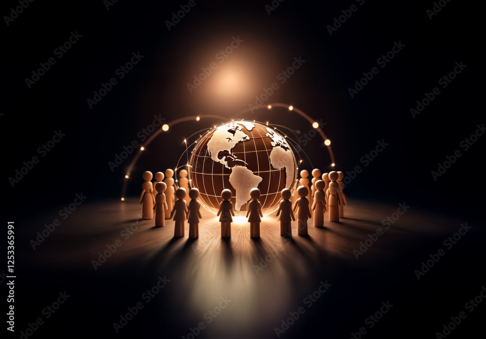 Aufkleber Stylized figures in a circle surround a glowing globe, connected by lines of light. Spotlight effect illuminates the scene against a dark backdrop.