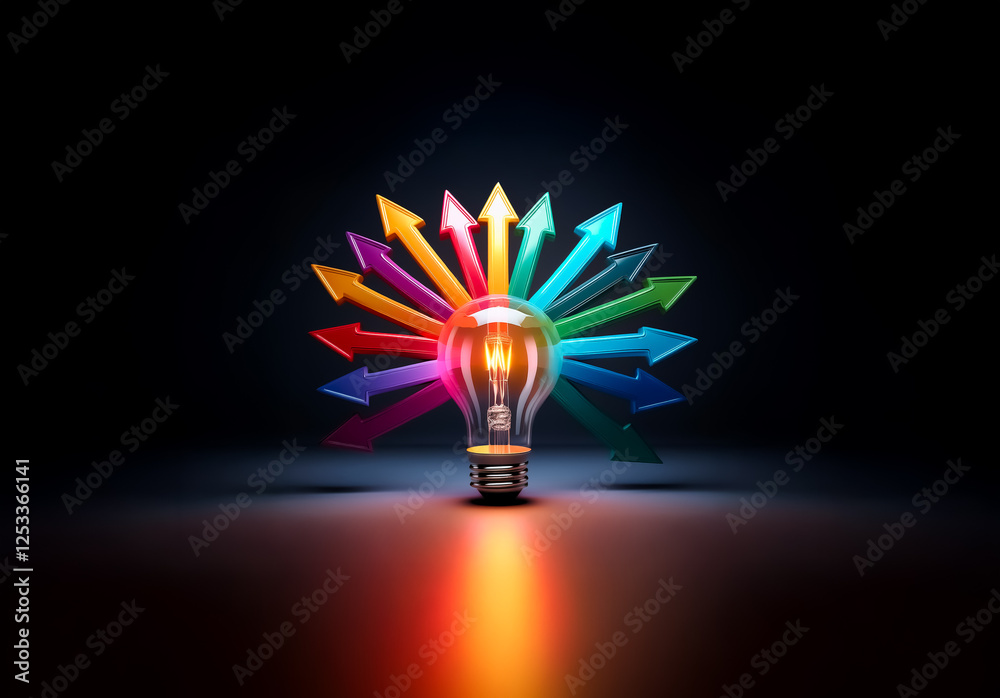 Poster an illuminated lightbulb emits light, surrounded by vibrant colorful arrows pointing outwards on a d