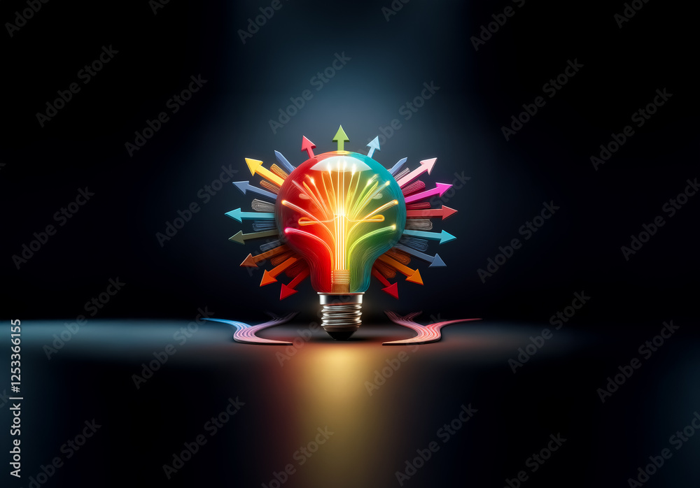 Aufkleber a vibrant lightbulb emits bright rays surrounded by colorful arrows on a dark reflective surface, sy