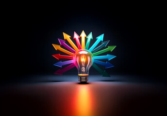An illuminated lightbulb emits light, surrounded by vibrant colorful arrows pointing outwards on a dark backdrop, symbolizing idea expansion and diverse directions.