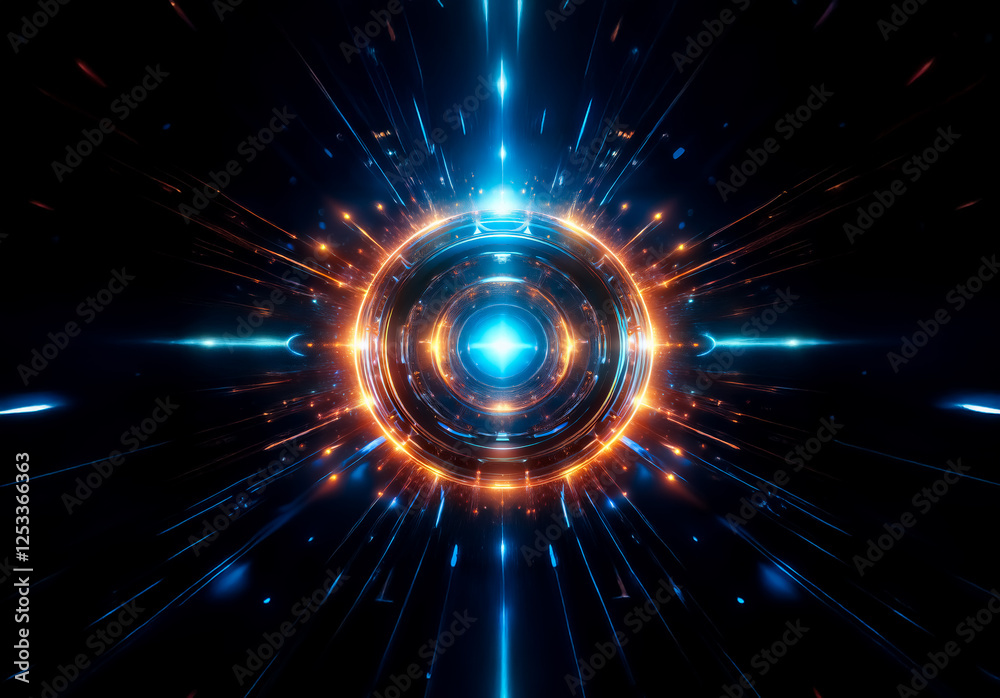 Aufkleber a luminous circular center bursts with vibrant blue and orange rays, creating a dynamic and futurist