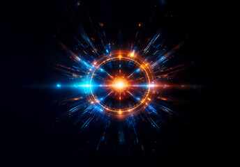 Circular burst of vibrant light, radiating orange and blue energy from a central point against a dark background.