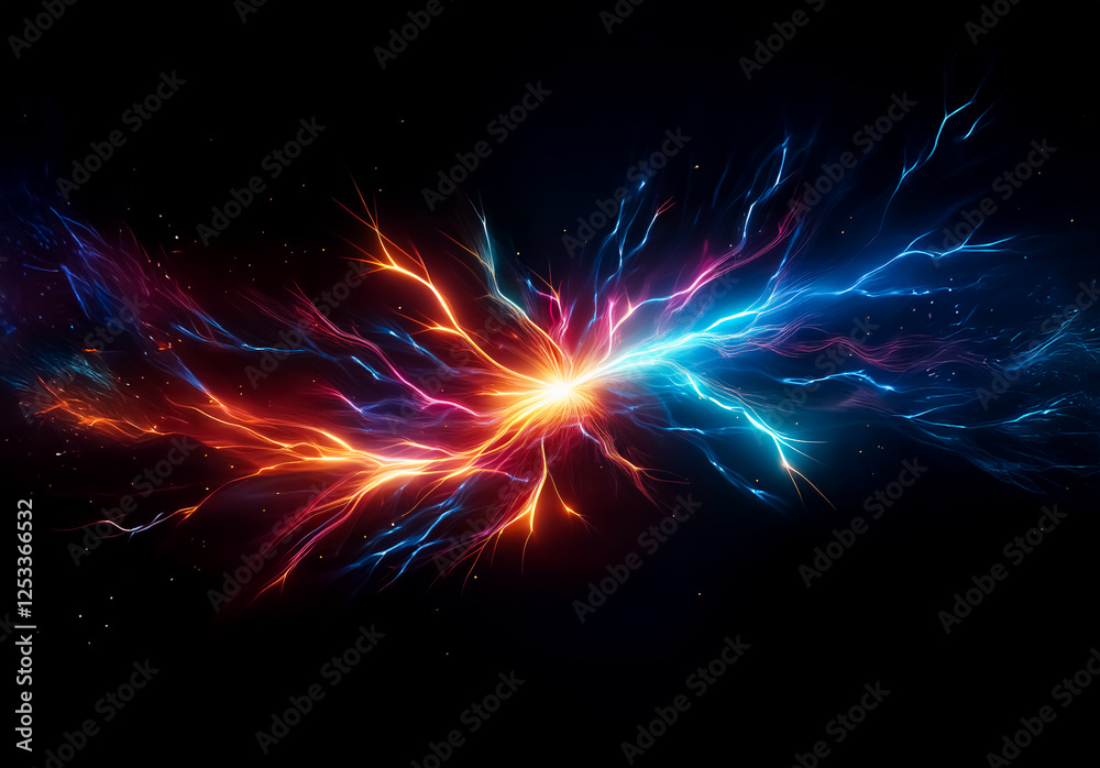 Poster Vibrant streams of fiery red and cool blue energy collide in a dynamic burst against a dark backdrop, creating a powerful visual contrast.