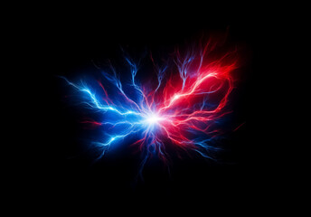Vibrant blue and red electric energy radiates from a central point, branching outwards against a stark black backdrop, creating a dynamic visual effect.