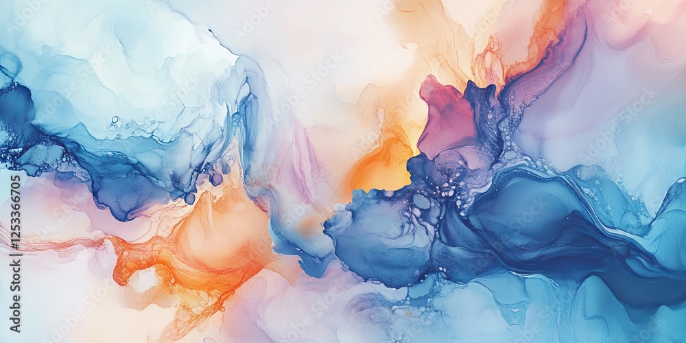 Poster abstract artwork showcasing watercolor fluid art with dynamic and gentle transitions between hues, creating a visually captivating composition that highlights the fluid a