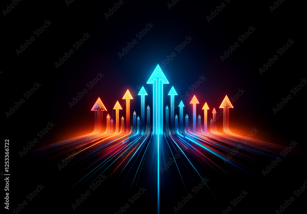 Poster glowing arrows point upwards with blue in the middle and orange on the sides against a black backdro
