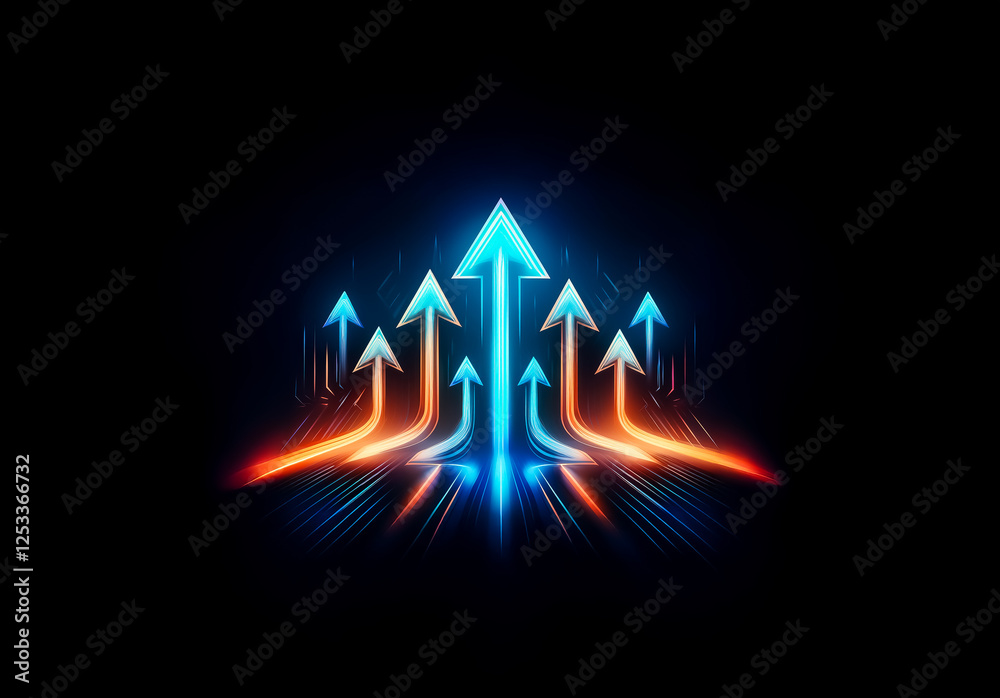 Poster Vibrant arrows ascend against a dark backdrop, illuminated with orange and blue light trails, symbolizing forward progress and dynamic movement.