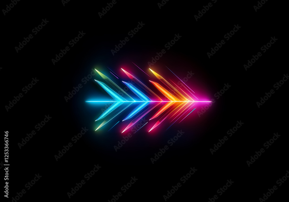 Poster A vibrant, rainbow-colored neon arrow points right on a black backdrop.  Glowing lines create a dynamic, directional shape with bright hues.
