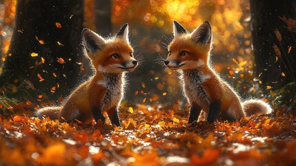 Two Red Fox Kits Playing in Autumn Leaves