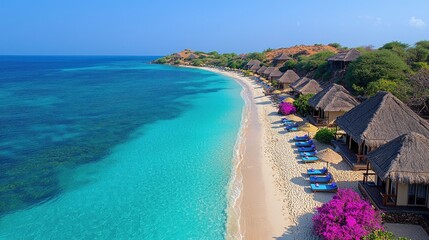 Obraz premium Tropical Beach Resort With Thatched Cabanas And Turquoise Water