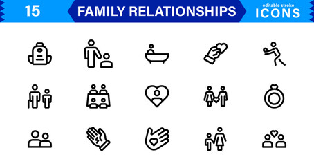 Obraz premium Family & Relationships Icons. High-Quality Line and Outline Vector Illustrations for Parenting, Friendship, Love, UI/UX, and Digital Design