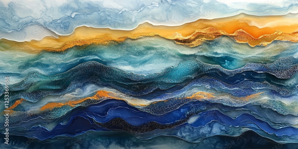 Poster abstract scene where resin art techniques reveal intricate and dynamic patterns, using a combination of translucent and opaque layers to create depth and visual interest
