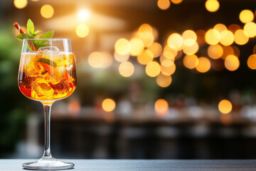 refreshing cocktail with ice and mint, served in glass, against blurred background of warm bokeh lights, creating vibrant and inviting atmosphere