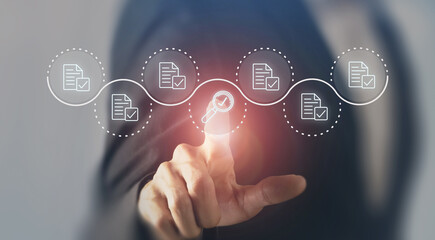 Document Management System (DMS) concept. A business professional interacts with a futuristic digital interface representing workflow automation, data organization and secure document processing.