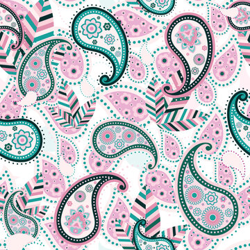 paisley seamless pattern on background, pink, green