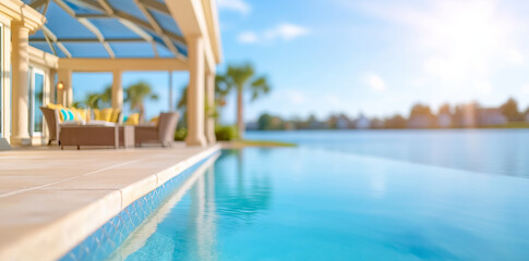 Fototapeta premium serene outdoor living space featuring pool, lounge chairs, and beautiful view of water. bright sunlight enhances tranquil atmosphere, perfect for relaxation