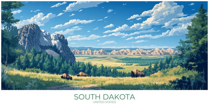 South dakota United states Travel Poster Illustration Print Decor Gift Canvas Wall Art