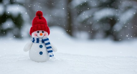 Obraz premium Cute Snowman Wearing Hat and Scarf in Snowy Winter Landscape