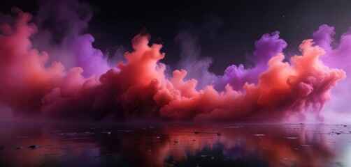 Fototapeta premium Abstract red and purple mist floating over a sleek black surface, fog, dreamy, abstract art