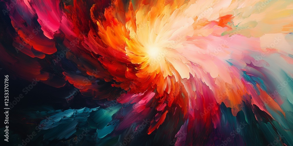 Poster visually striking abstract design using radial gradients, emphasizing the captivating and immersive blending of hues radiating from the center to produce a dynamic artist