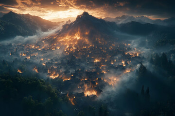 Fototapeta premium Burning mountain village sunset landscape, fantasy film backdrop