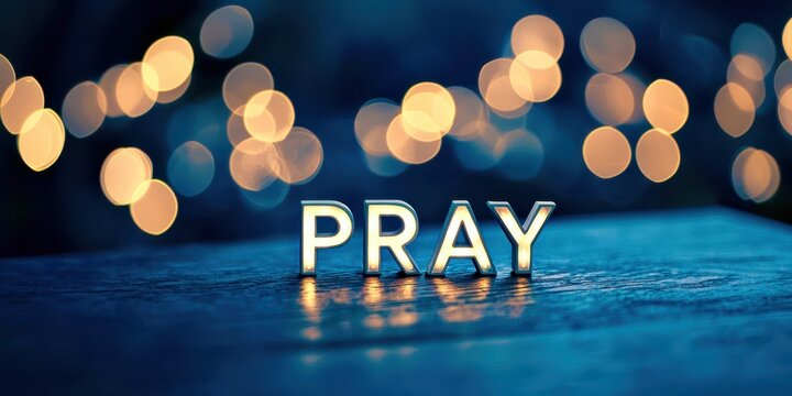 The word "pray" is written in a light blue font on a dark blue background