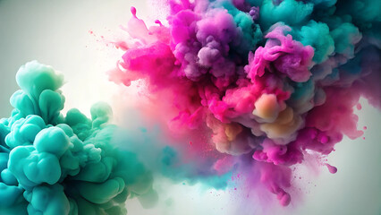 Fototapeta premium Watercolor splash background, bold fuchsia and teal bursts, energetic and festive vibe for March 8th postcards with copy space 