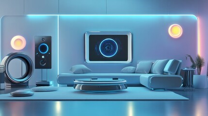 Futuristic Living Room Design with Neon Lighting and Modern Furniture