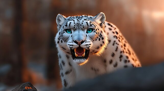 A fierce snow leopard roaring in a mountainous landscape during golden hour, showcasing its majestic beauty