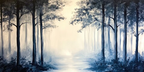 Painting of a forest with trees and a path