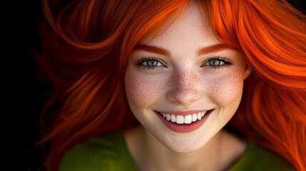 Fototapeta premium Woman with red hair and green shirt is smiling. She has green eyes and a red head