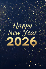 New Year background with golden text "Happy New Year" and numbers "2026", dark blue, white and gold glitter bokeh lights