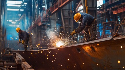 A focused view of workers in a shipbuilding yard welding steel plates onto a large vessel, Shipbuilding scene, Industrial and maritime style