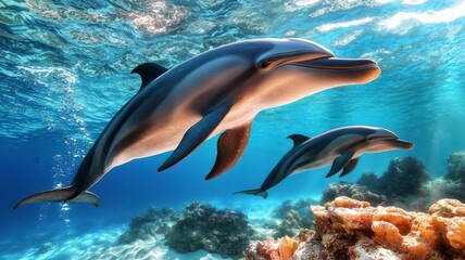 Fototapeta premium Dolphin swim underwater marine exploration concept. Two dolphins gracefully swim through a vibrant underwater scene, showcasing their beauty among colorful coral and clear blue water.