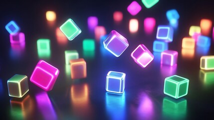 Abstract Neon Cubes Falling On A Dark Reflective Surface Glowing With Different Colors