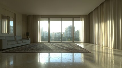Fototapeta premium Sunlit modern apartment living room, city view, sunrise