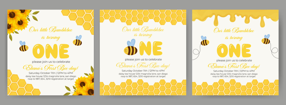 Birthday invitation card vector template design. Bumblebee birthday Party theme with honey comb, honey and honey bee watercolor background.