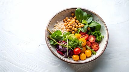 Vibrant Vegan Bowl: A colorful and nutritious vegan bowl features brown rice, chickpeas, cherry tomatoes, mixed greens, and fresh herbs,  a perfect blend of flavor and health.