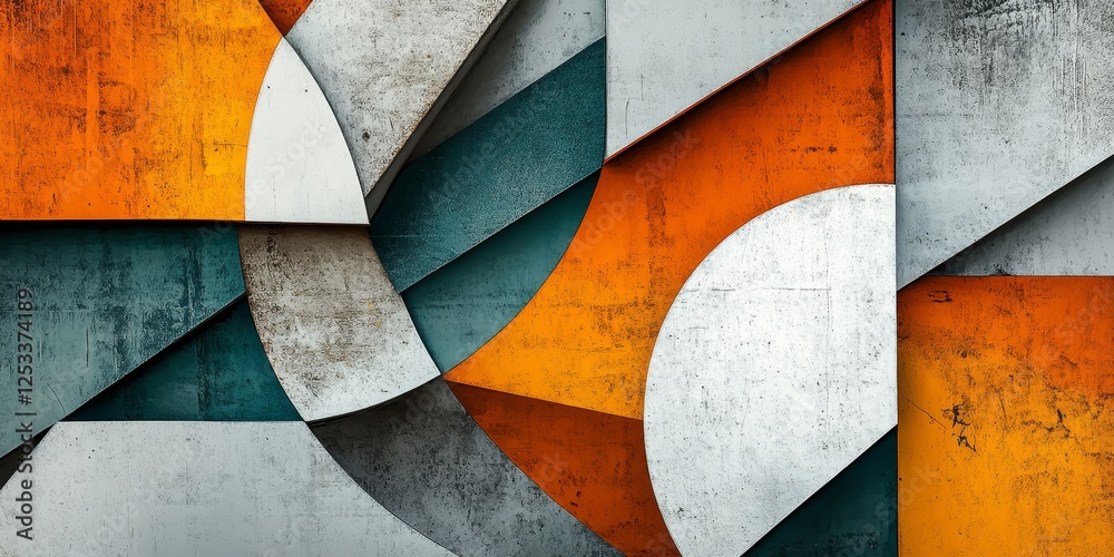 Poster a visually captivating abstract image with bold geometric patterns that interlock and contrast, incorporating a range of textures and shades to evoke a sense of movement