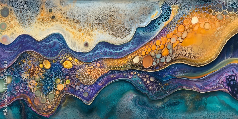 Fototapete abstract artwork showcasing abstract textures with a focus on unique surface patterns and fluid forms, using a combination of muted and vibrant colors to create a visuall