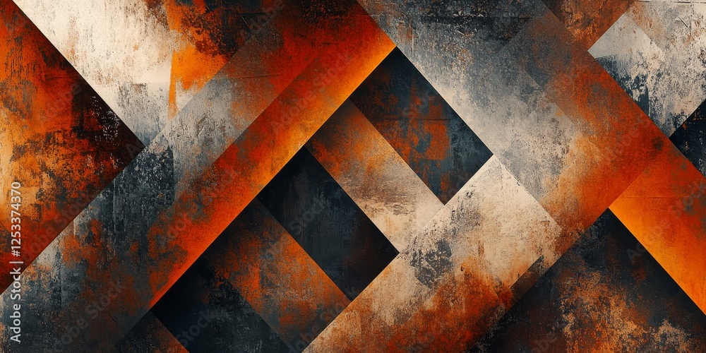Poster a visually captivating abstract image with bold geometric patterns that interlock and contrast, incorporating a range of textures and shades to evoke a sense of movement